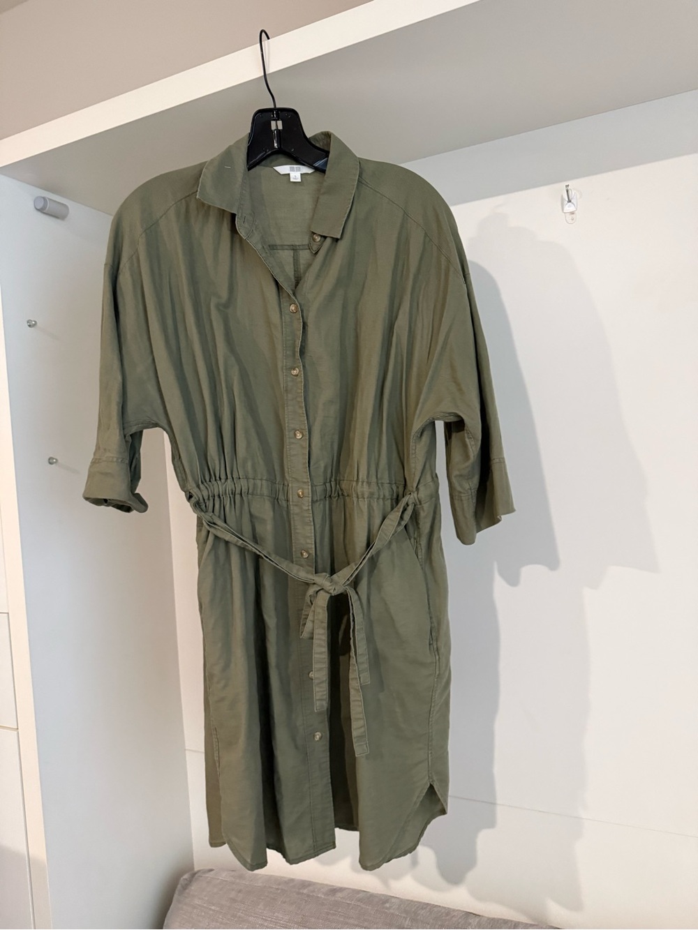 Uniqlo Olive Green Midi Shirt Dress with Waist Tie
